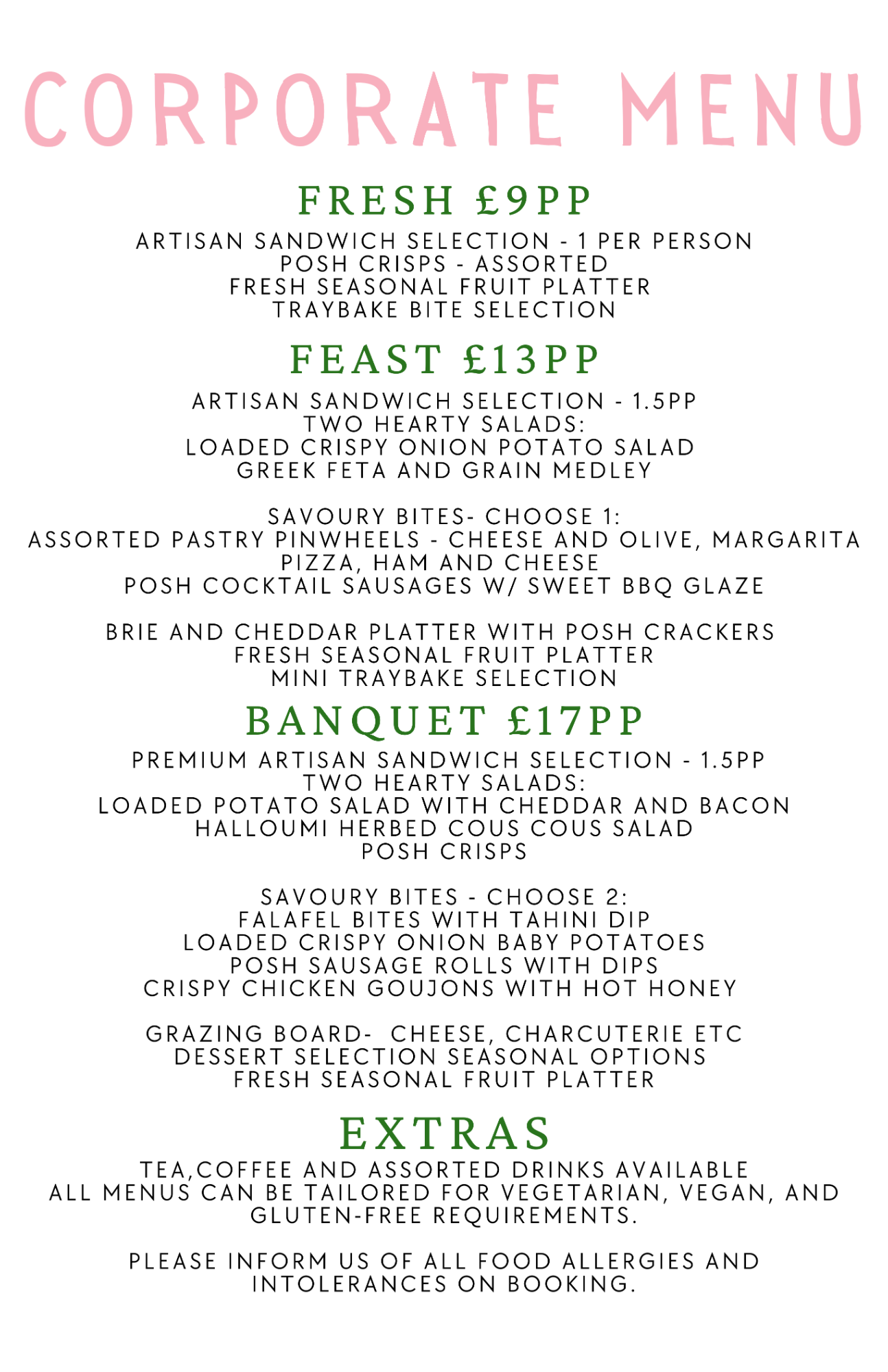 Corporate menu featuring fresh, feast, banquet options and extras in a stylish layout.